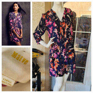 Caravane Tunic‎ Dress Sz XS Floral Quilted Pleated Navy Blue